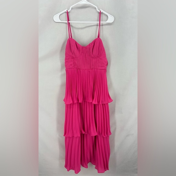 NWOT Lulus Cascading Crush Hot Pink Tiered Bustier Midi Dress  Ruffle Barbie - Picture 2 of 8